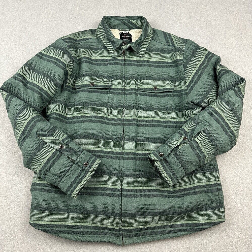 KAVU Shirt Jacket Men Large Green Striped Eagle Pine Sherpa Lined Shacket Zip L